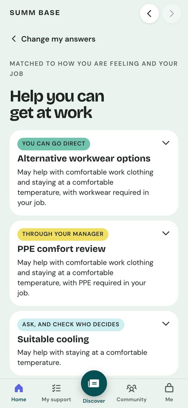 Help you can get at work: support matched to how she is feeling and her job, each saying how to get it.