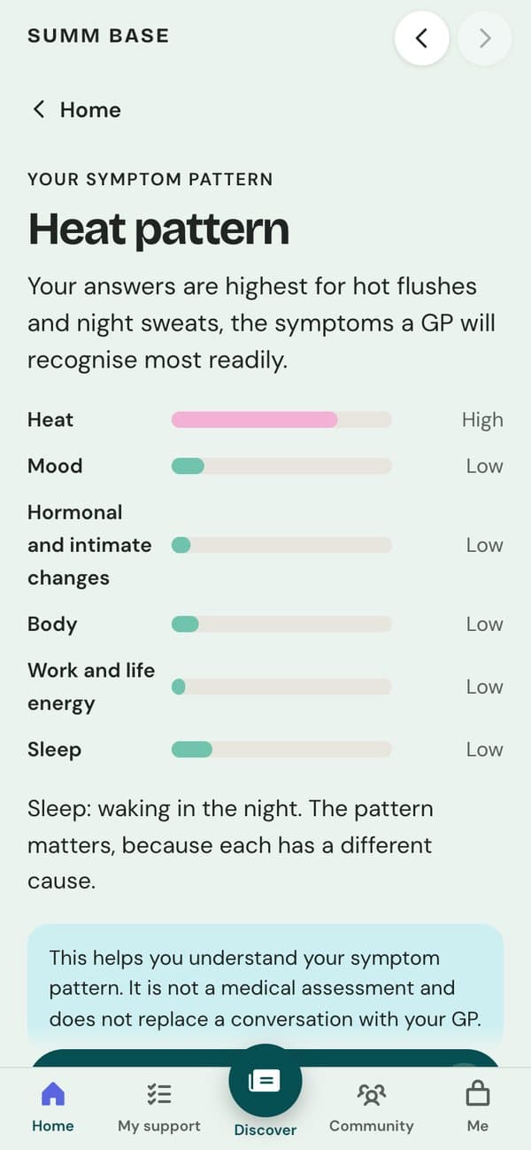 Her symptom pattern in Summ Base: a heat pattern, with heat high and the other areas low.